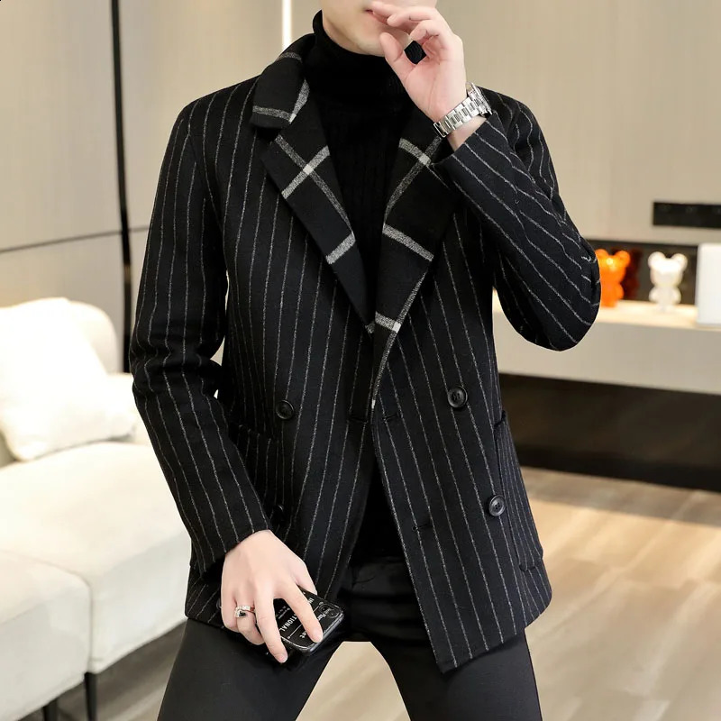 Double sided striped plain weave mens autumn and winter fashionable and handsome double-layer suit collar short wool coat 240829