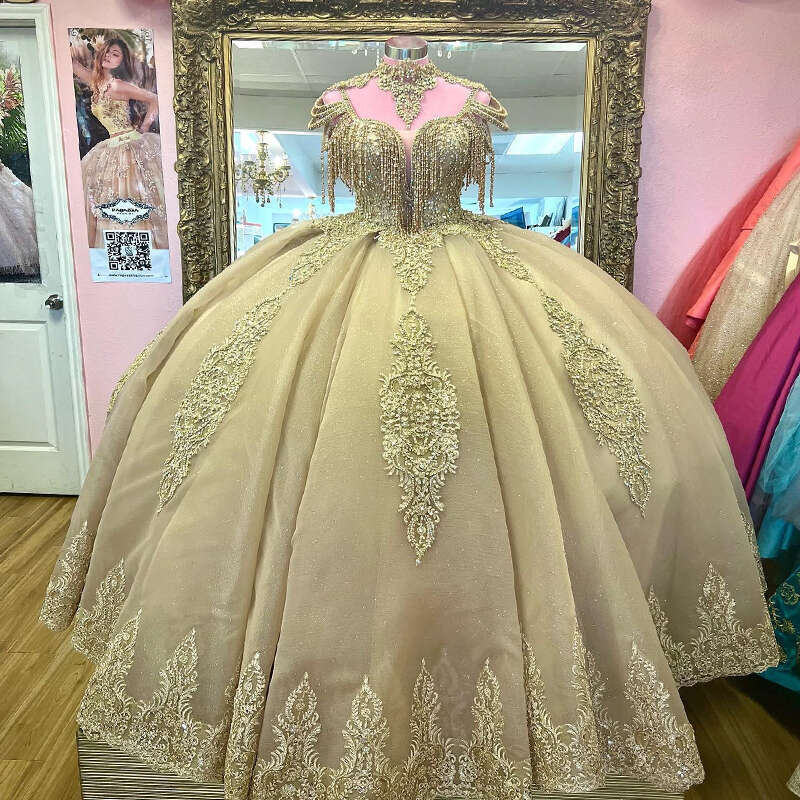 Princess Champagne High Neck Ball Gown Quinceanera Dresses Off Shoulder Beads Appliques Pearls Vestidos De Anos
