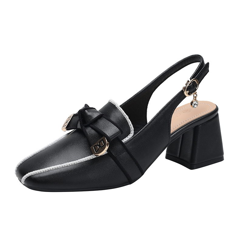 2023 New Summer French Retro High-heeled Genuine Leather Heels Lady Sandals Female Thick Heel Square Toe with Back Empty Shoes