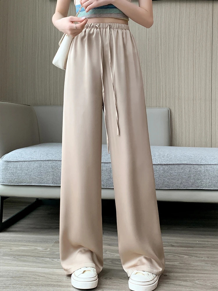 Womens Wide Leg Pants Summer Ice Silk Straight Trousers High Waist Ladies Casual Loose Satin Soft Full-length Pants for Women 240829