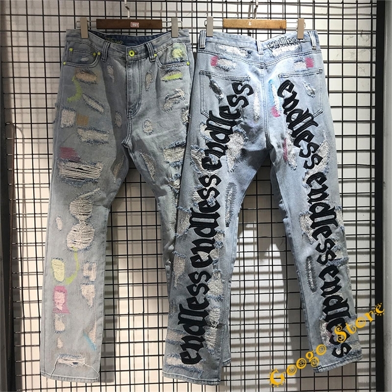 Black fluorescent green letter embroidered pants mens hip-hop damaged hole Distressed high-quality denim jeans 240829