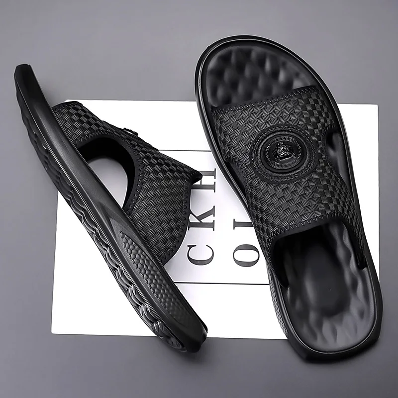 2024 Summer New Shoes for Men Slippers Fashion Casual Slides Comfortable Street Cool Beach Shoes Black Knit Sandals