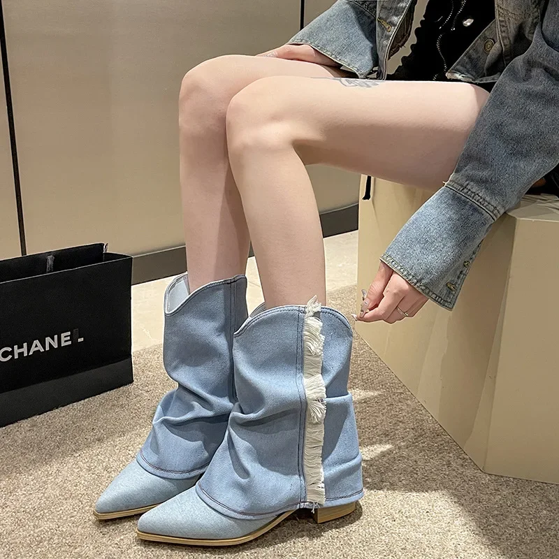 Pleated Blue Denim Boots Fashionable Women's Chelsea Boots Autumn Winter Mid-heeled Boots 2024 New Women Shoes Botas Altas Mujer