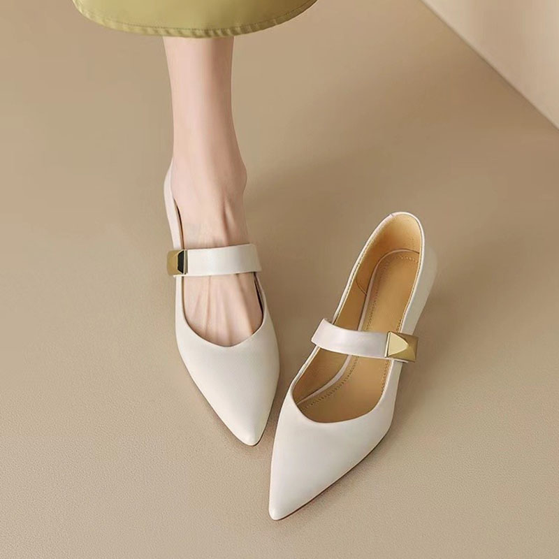 New Women's Mary Janes Shoes Pointed Toe Pumps Mid Heels Dress Shoes Metal Boat Shoes Zapatos Mujer Elegant Office Lady 1285N
