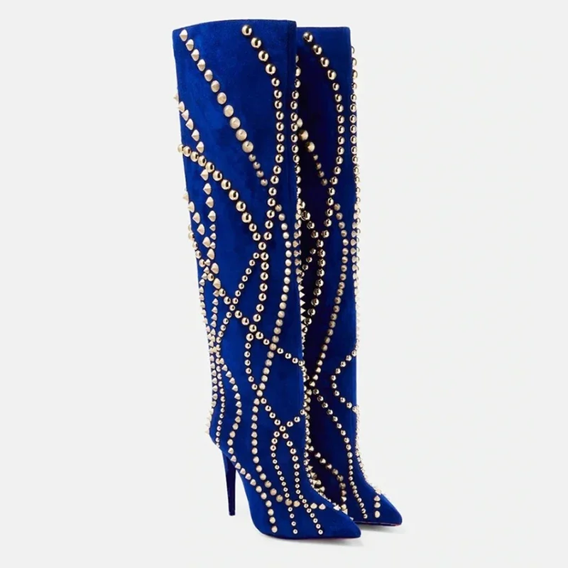 Brand All Metal Rivet Decoration Walk Show Long Boots Women's Suede Slender High Heel Pointed Shiny Mid Length Boot Size 34-43 0101 2c59