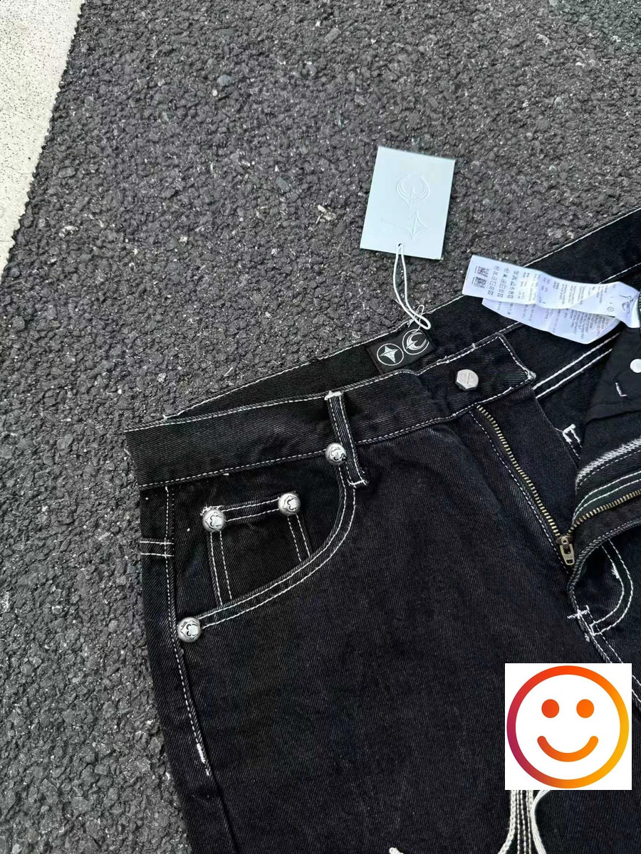 Washed Thug Club Embroidery Root fringe straight jeans mens and womens hip-hop casual high-quality black loose denim jeans 240829