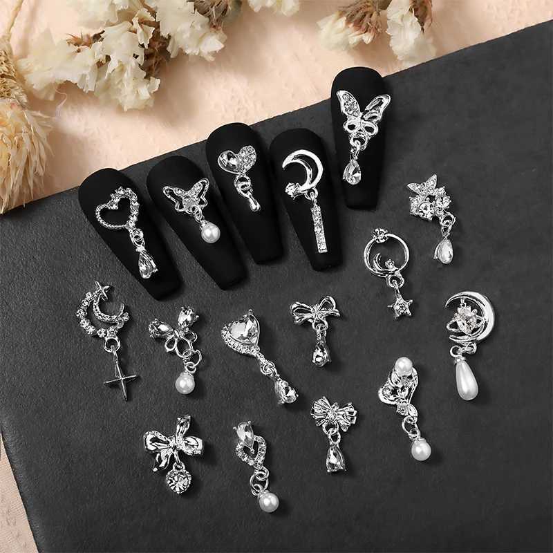 Alloy pendant nail decoration metal silver wire pearl core rhinestone DIY nail art charm accessories W240829