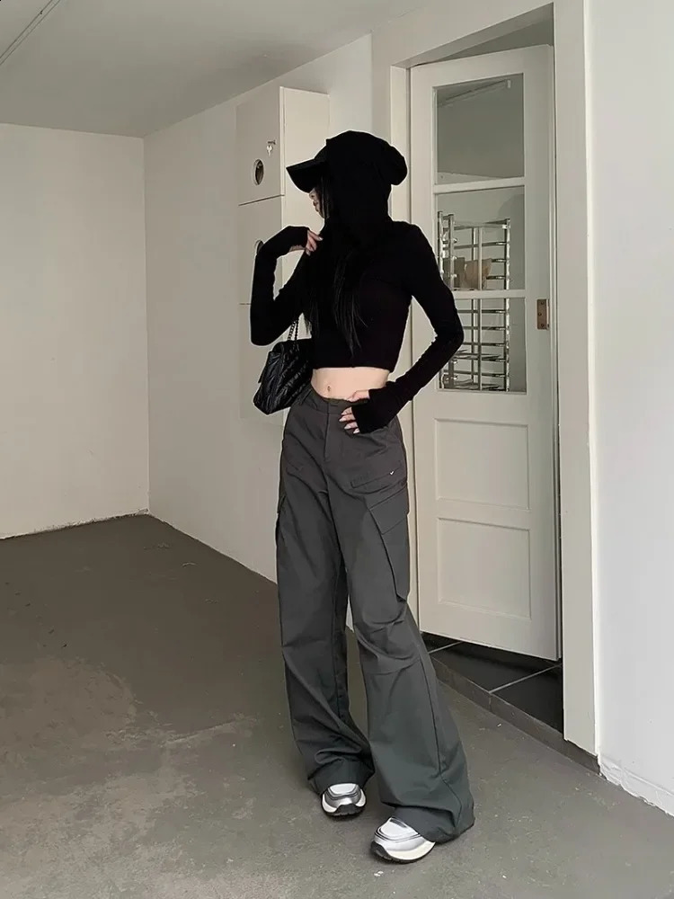 HOUZHOU Womens Freight Pants Grey Retro Y2K Luggage Korean High Waist Trouser Techwear Aesthetic Female Streetwear Hippie 240827