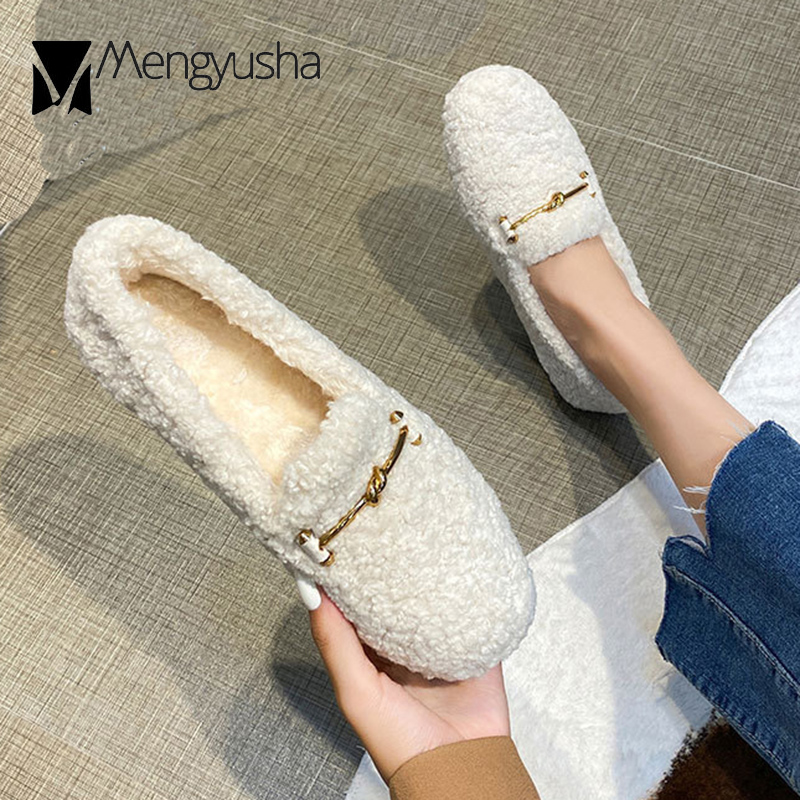 Net shoes celebrity curly 5fa67 women metal striped slip on flats wool fur warm winter loafers creppers round toe solid moccasins