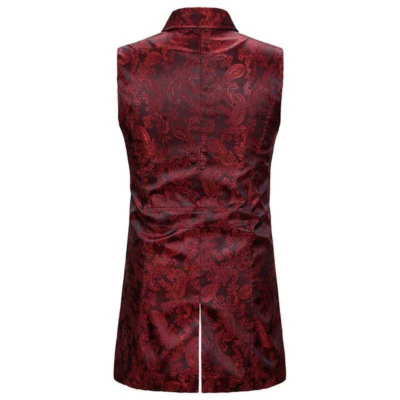 Wine Red Paisley Jacquard Long Vest Men Double Breasted Lapel Brocade Vest Waistcoat Mens Gothic Steampunk Sleeveless Tailcoat Y240830