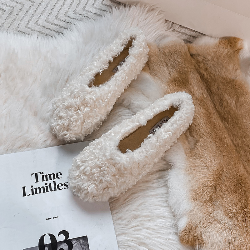 8e2ec 2023 Winter Fur Flat shoes woman round toe warr plush cotton moccasins female lambwool flats slip on furry loafers big size 42