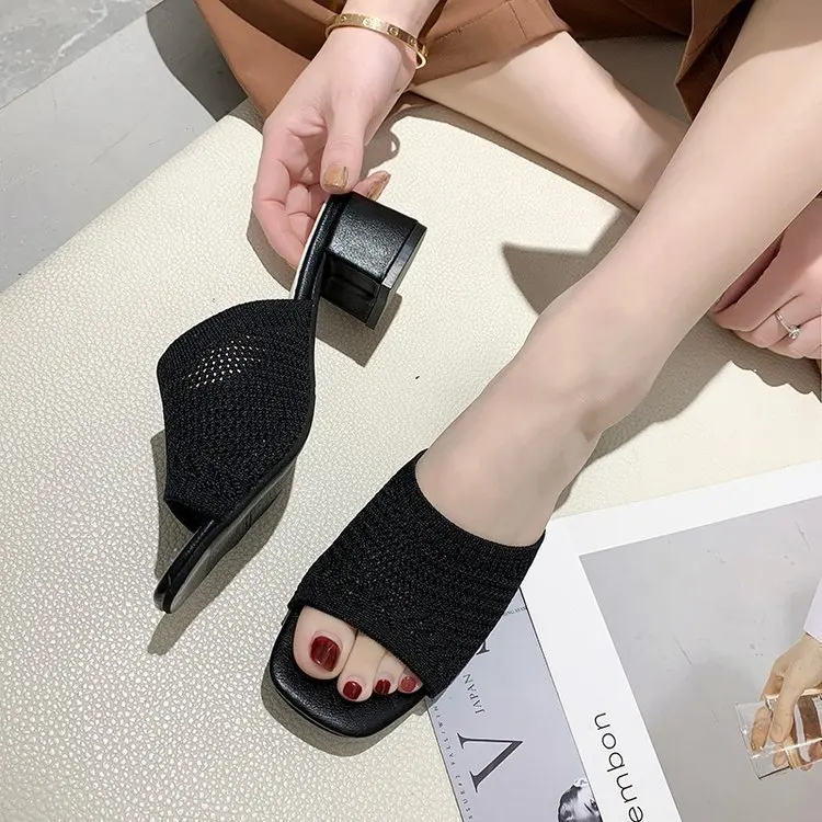 2022 summer Closed Toe Comfort Fashion Fly Weave Outdoor Sandals Women Medium Heel Slippers