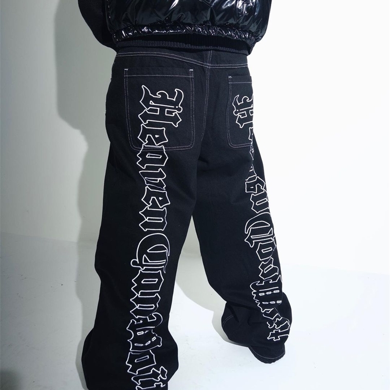 HCW Y2K streetwear fashion hip-hop letter embroidery black pocket jeans mens retro mid waist wide leg straight pants washing 240829