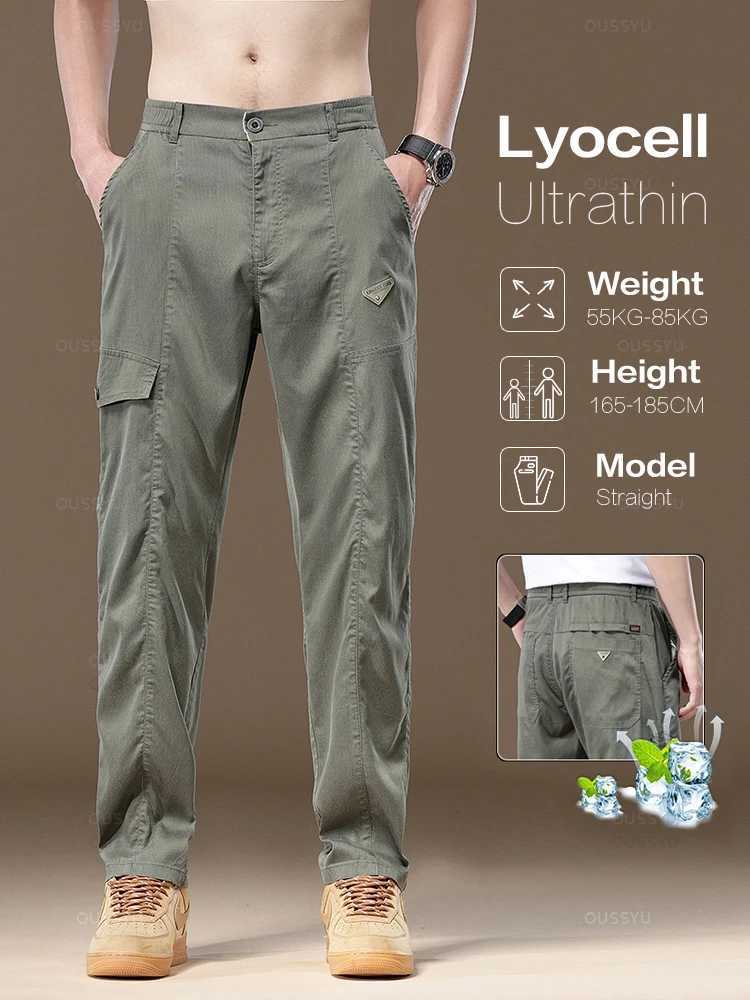 Summer soft Lyocell fabric mens cargo pants solid color workwear elastic waist casual pants Korean outdoor jogging Trouser mens W240829
