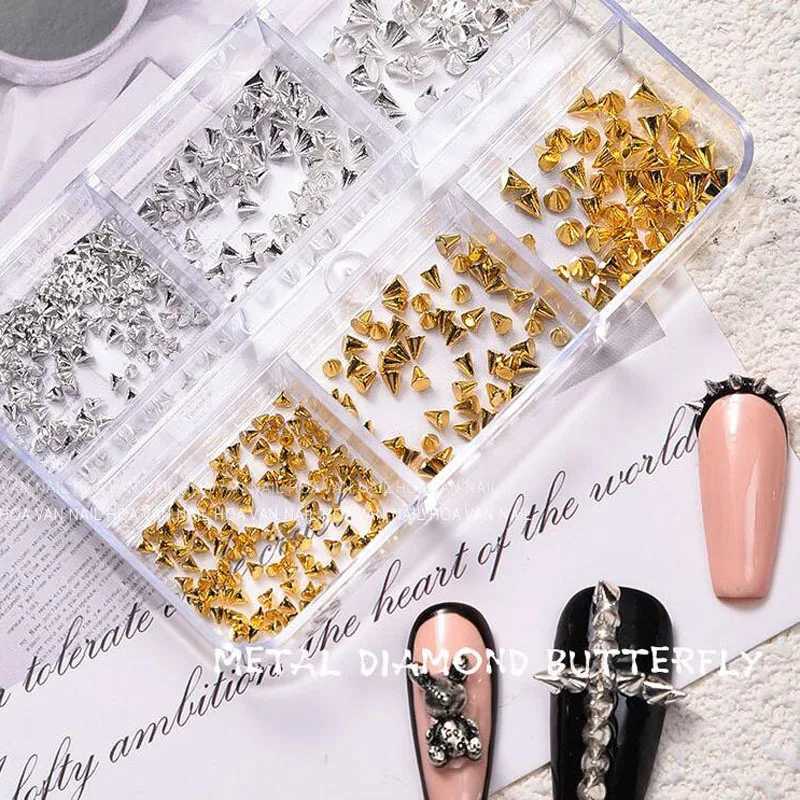 Appro150pcs/Box Punk Cone Nail Charm Stud Cool Girl Rock Mini 1.5-3mm Metal Gold and Silver Rivet for DIY Nail Art Decoration W240829
