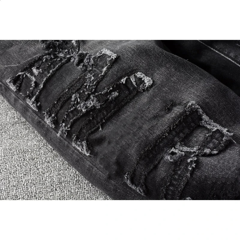 Mens Distressed High Streetwear Jeans Letters Knees Holes Stretch Tight Jeans 240829