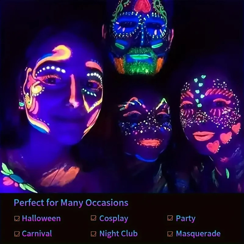 12 pieces of UV neon face paint glowing in the dark under UV light. Crayon sticks carnival party Halloween makeup 240829