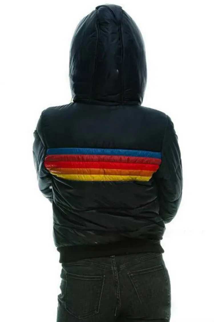 Women's Down Parkas 2024 Couples Fashion Rainbow Stripe Zipper Winter Jacket Man and Womens Casual Hooded Printed Short Cotton Jacket Y2408245ITB