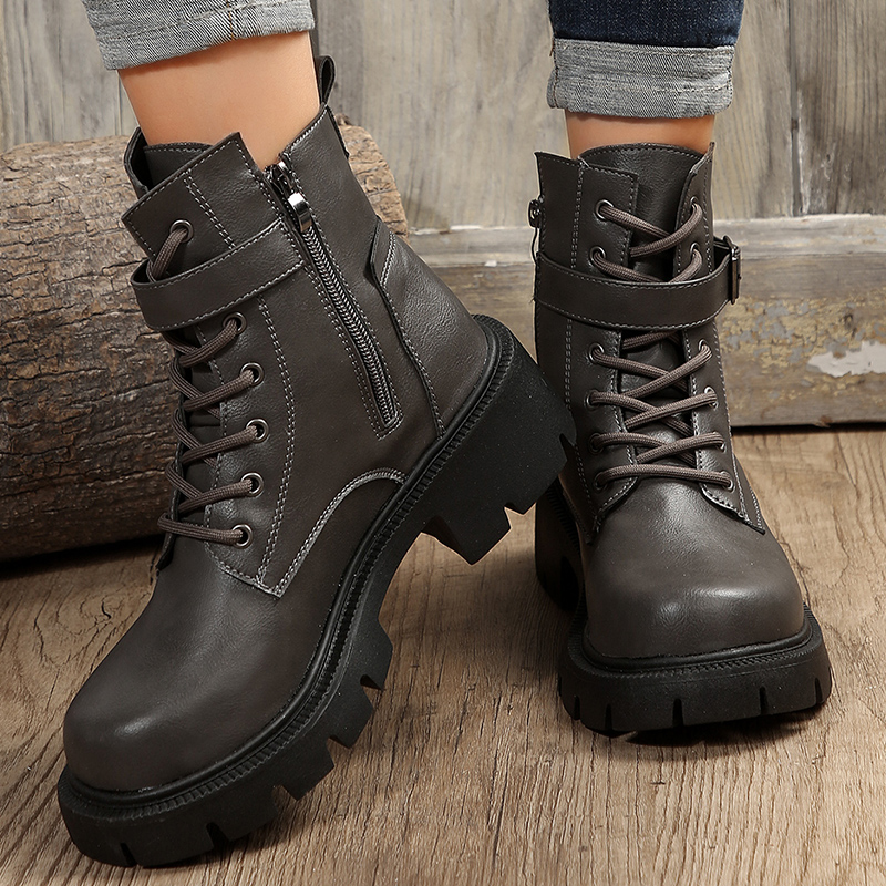 Buckle Belt Platform Combat Women Chunky Heels Lace Up Ankle Boots Woman Side Zipper PU Leather Short Booties Plus Size 43 7600
