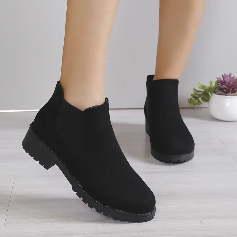 Shoes Women Winter Cow Suede Ankle Chunky Boots Black Female Autumn Fashion Platform Booties Beige 49a2