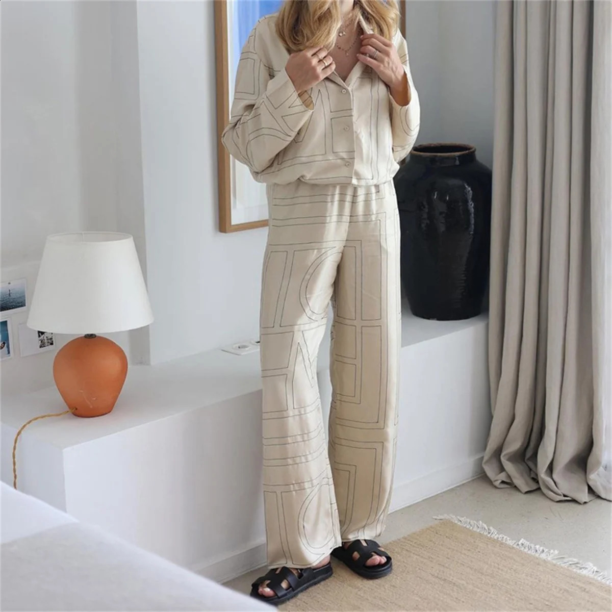 Fashion Letter Printing Pants Suit Loose Turn Down Collar Shirts Wide Leg Pant Sets 2024 Casual Autumn Summer 2 Piece Set In 240829