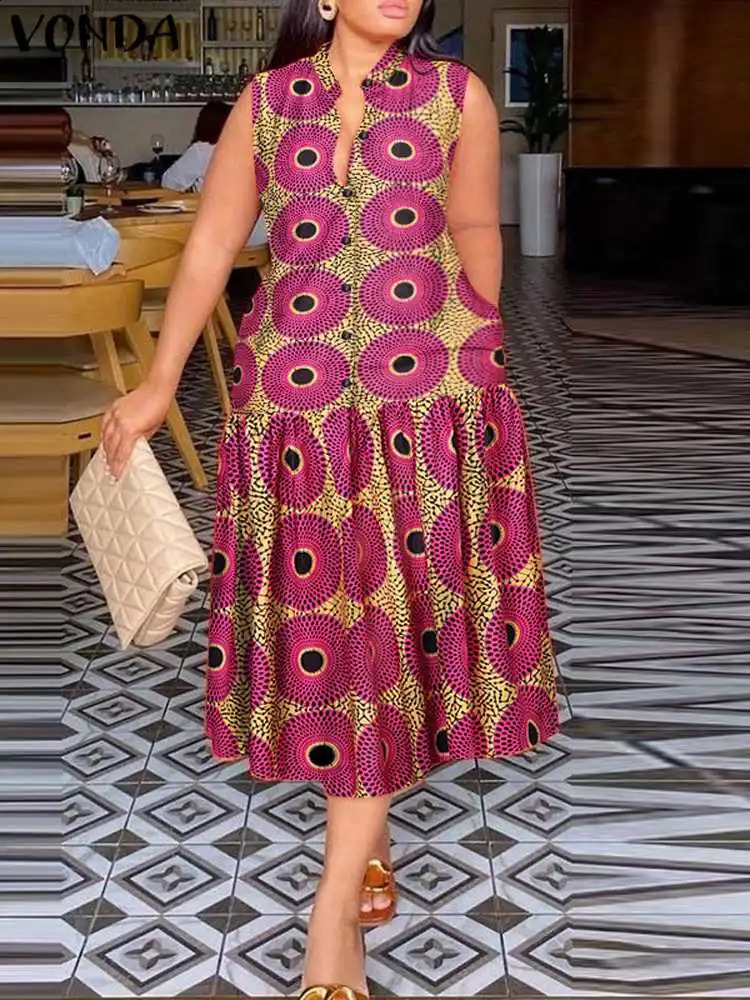 VODA Bohemian Long Sun Skirt Womens Printed Midi Dress 2024 Sleeveless Ruffle Party Tank Top Button Casual Loose Sun Skirt 240830