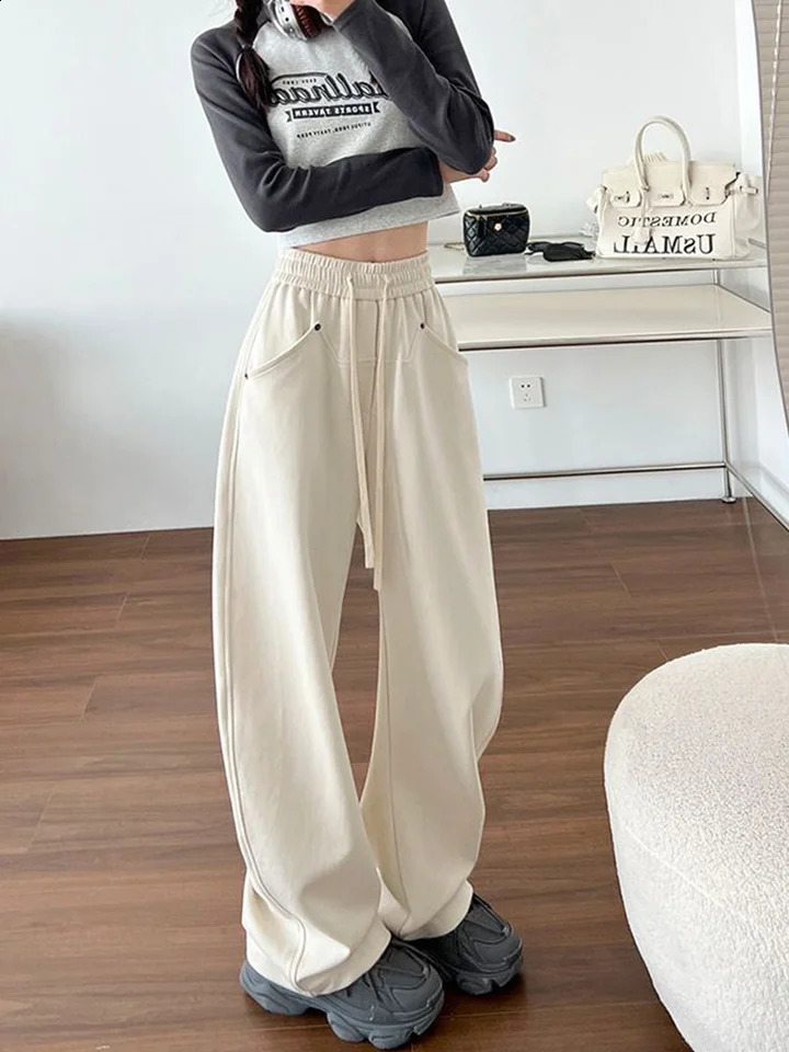 Jmprs loose streetwear Y2K sports pants womens retro high waist straight three person casual American autumn lace highquality 240827