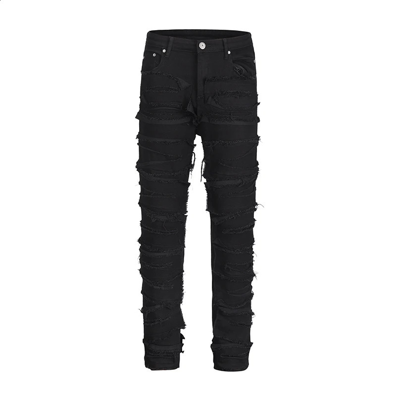 Harajuku Frayed Distressed Retro Black Jeans Pants Men and Women Straight Ripped Hole Solid Color Baggy Casual Denim Trousers 240826Z