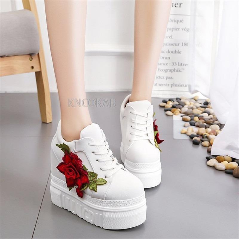 Embroidered Flowers Canvas Sneakers Autumn Women High Wedge Sneaker Fashion White/black/red Platform Woman Sports Casual Shoes