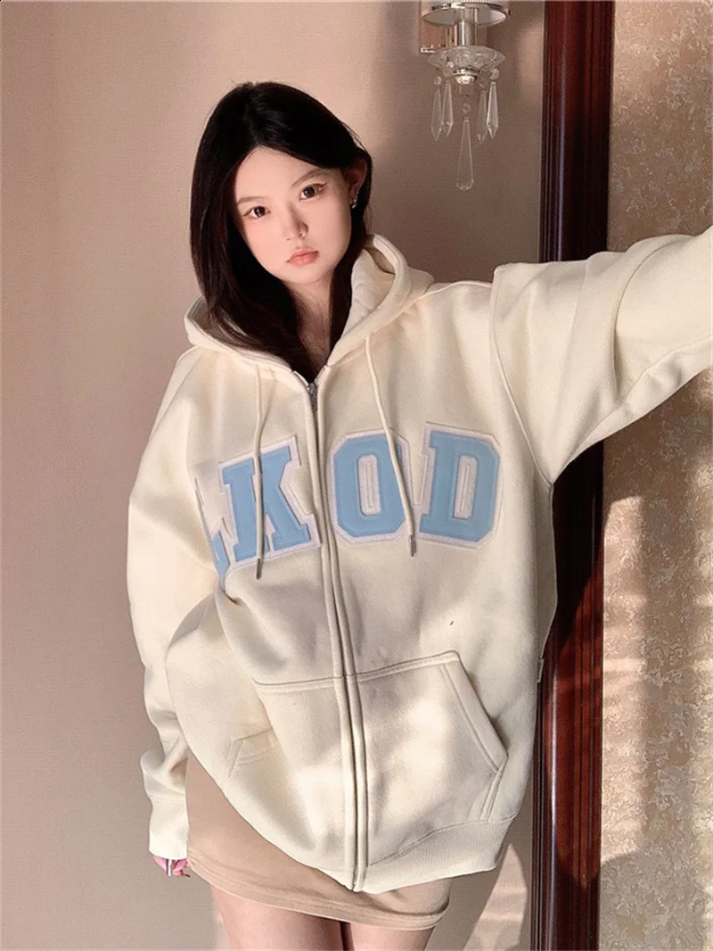 Streetwear Zipper Hoodie Womens Oversized Letter Printed Long Sleeve Fashion Pocket Y2k Top AutumnWinter 240827