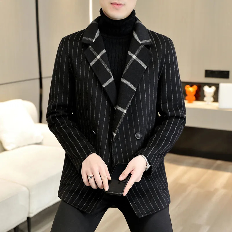 Double sided striped plain weave mens autumn and winter fashionable and handsome double-layer suit collar short wool coat 240829
