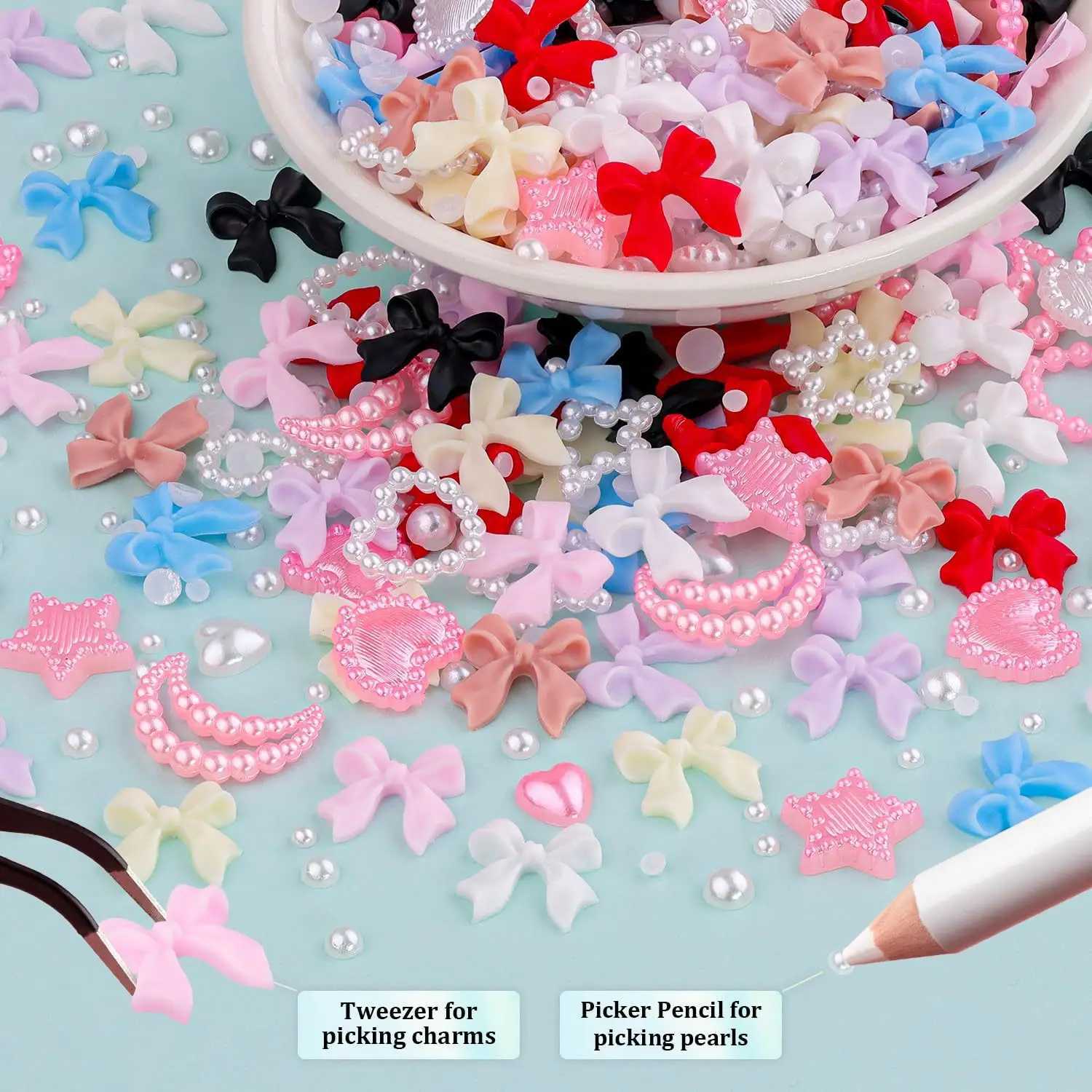 12 Grid/Box Mixed Bow Ribbon Nail Art Resin Charm Five Petal Flower Hollow Pearl Set Jewelry DIY Nail Art Accessories * #xw W240829