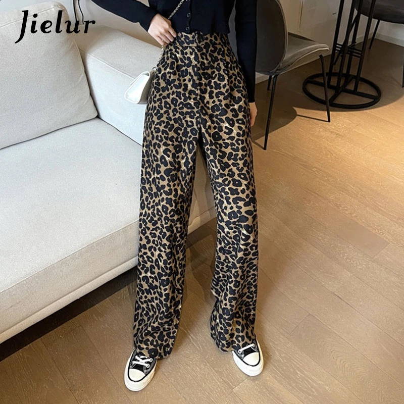 Jielur Fashion Leopard High Waist Womens Pants Vintage Casual Y2K Female Pants Young Streetwear Hip-Hop Wide Leg Trousers 240829