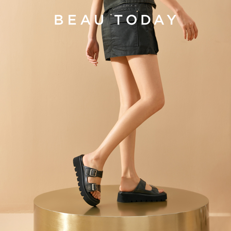 Platform BEAUTODAY Sandals Women Polished Cow Leather Solid Color Thick Sole Metal Strap Summer Ladies Shoes Handmade 38526 9351