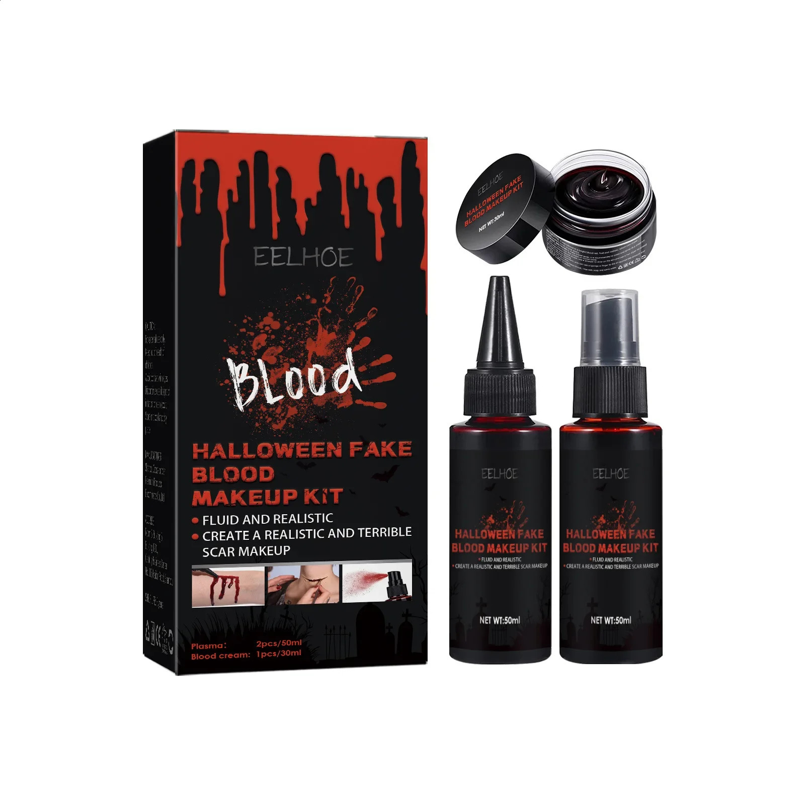 Eelhoe Halloween Fake Blood Makeup Set Terrifying Atmosphere Mandatory Skin Wax Fake Blood Cosplay Makeup Safe Non Toxic Painting 240829