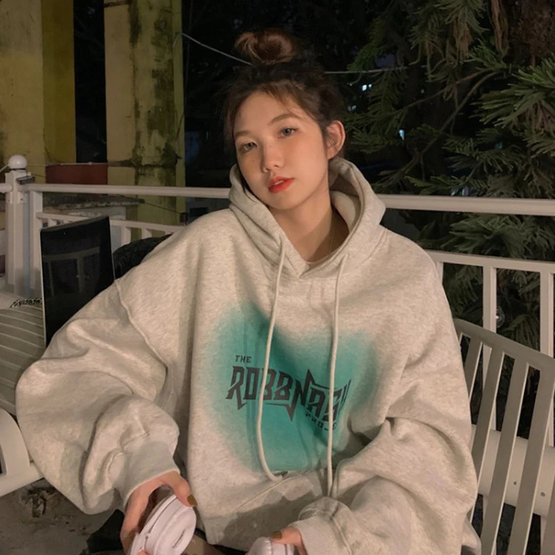 Womens Grey Fashion Letter Printing Bag Zipper Pocket Wool Thick Sweater Lazy Casual Lagrand Sleeve Hoodie Winter 240827