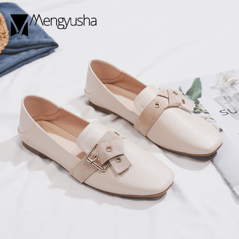metal buckle 9f690 Studs Bow-knot loafers woman flats slip on moccasins large size 42/43 square toe small leather shoes for women