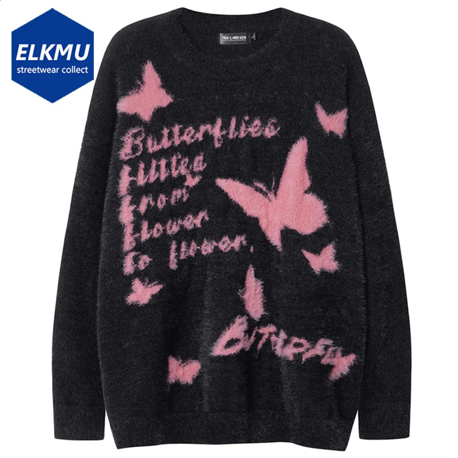 Super Size Hip Hop Knitted Jumper Pullover Sweater Butterfly Letter Pattern Sweater Neutral Loose Y2K Sweater Black 240829