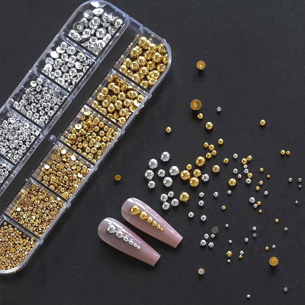 12 Grid/Box Round White Pearl Nail Bead Charm Half Round Gold/Silver Pearl Gem DIY Flat Back Nail Art Decoration ## W240829