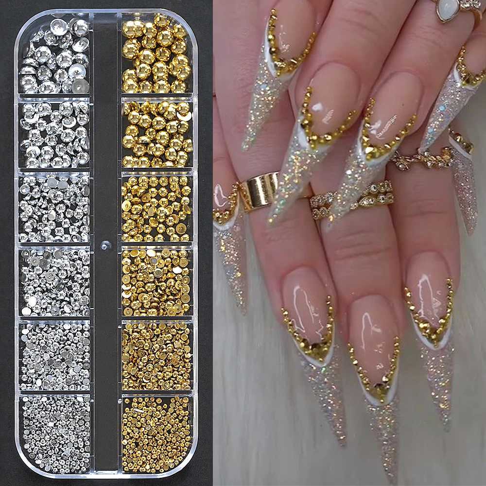 12 Grid/Box Round White Pearl Nail Bead Charm Half Round Gold/Silver Pearl Gem DIY Flat Back Nail Art Decoration ## W240829