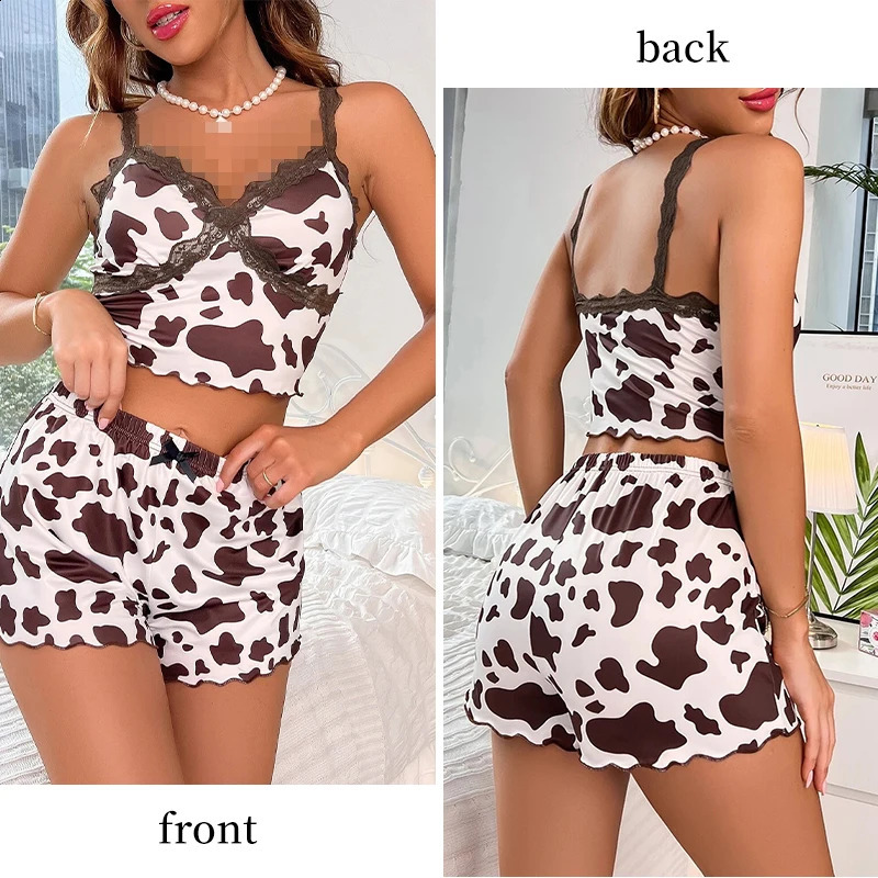 womens printed sleeveless V-neck camouflage lace spaghetti strap top with shorts pajama set 240829