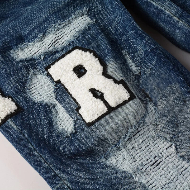 Mens high street blue jeans embroidered with letters tight elastic jeans 240829