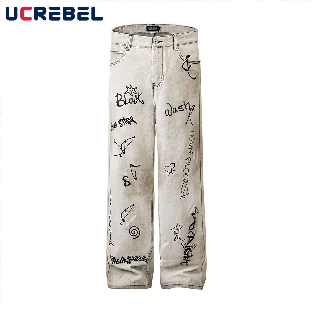 Letter Graffiti Dirty Wash Jeans Mens Pocket Y2k High Street Loose Straight Wide Leg Denim Pants Mens Trousers 240829