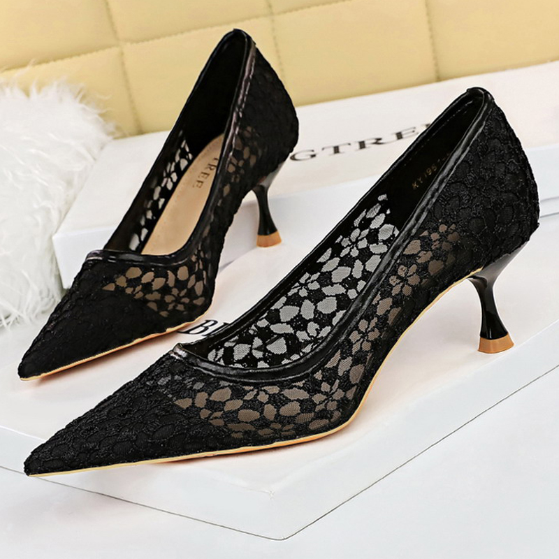 BIGTREE Mesh Cutout Lace Women Pumps Kitten Sexy Banquet Shoes Stiletto Fashion Ladies Heels Plus Size 43 Sandals