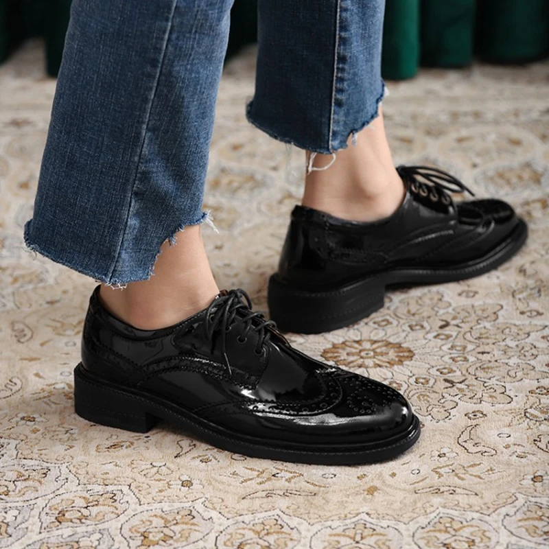 Spring Autumn Women Oxford Flats Shapes Brogues Genuine Leather Office Outsole Mole Female Ballet Derby Shoes Ladies a27f
