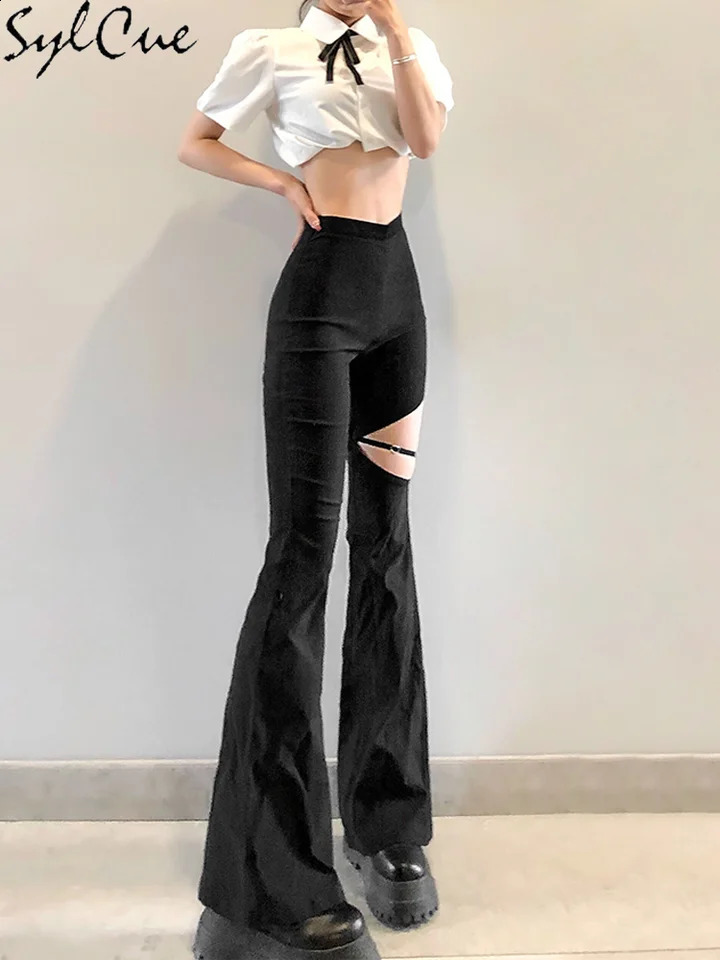 Sylcue Summer High Street Style Small High-Waisted Flared Trousers Thighs Personality Eith Hollow And Sexy Show Legs Long Pants 240829