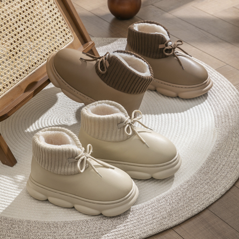 Waterproof 2024 Winter Shoes Woman Men Indoor Slippers Lace-up PU Leather High Top Footwear Couples Warm Platform Snow Boots