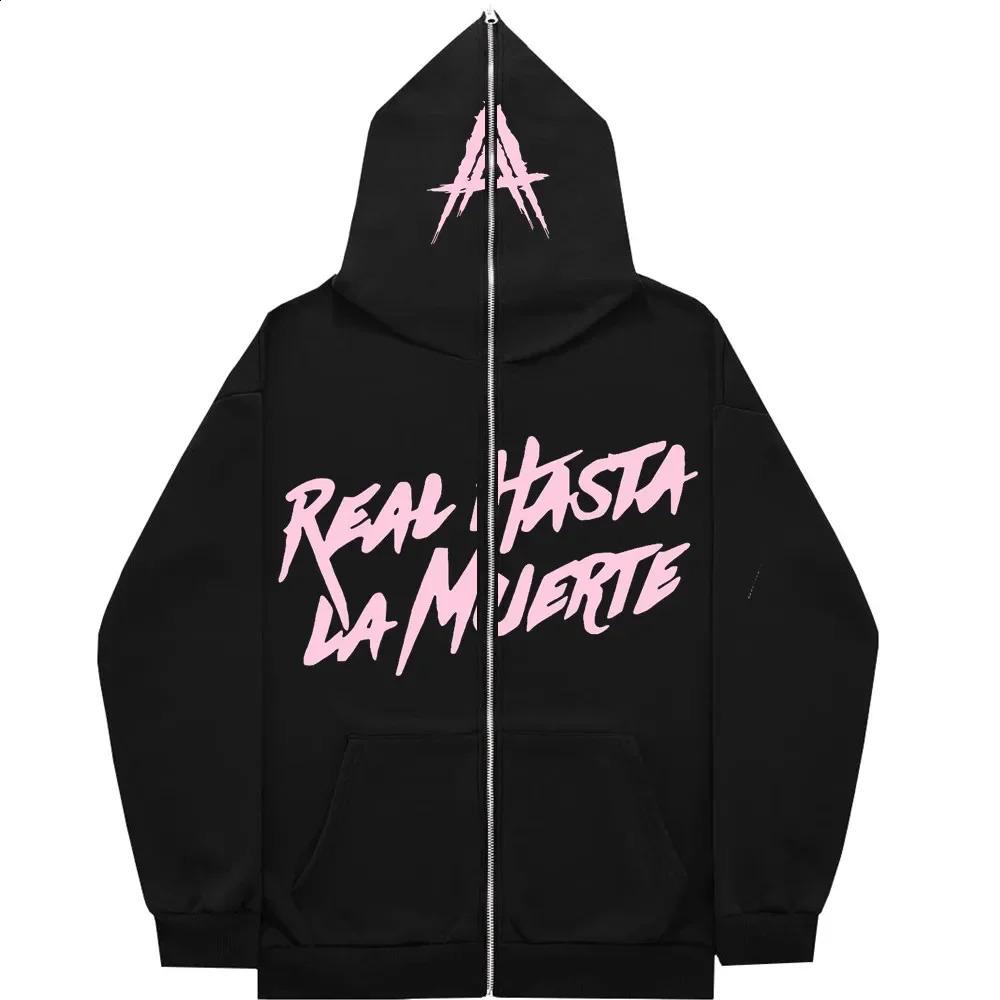 AA Real Hasta La Muerte full face zipper mens hooded sweatshirt unisex interior wool womens streetwear top 240829