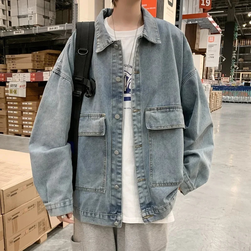 Trendy Japanese Style Denim Work Jacket For Men Loose Fit Spring Autumn Versatile Top Korean Version Couple Jacket 240829