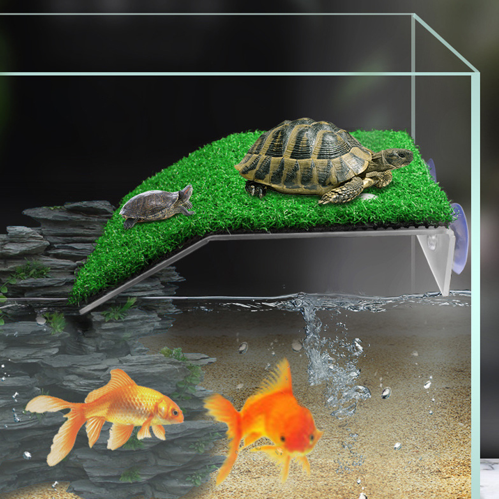 Fish Tank Decoration Turtle Basking Platform Suction Cup Tortoise Climbing Ladder Simulated Lawn Landscaping Drying Floating